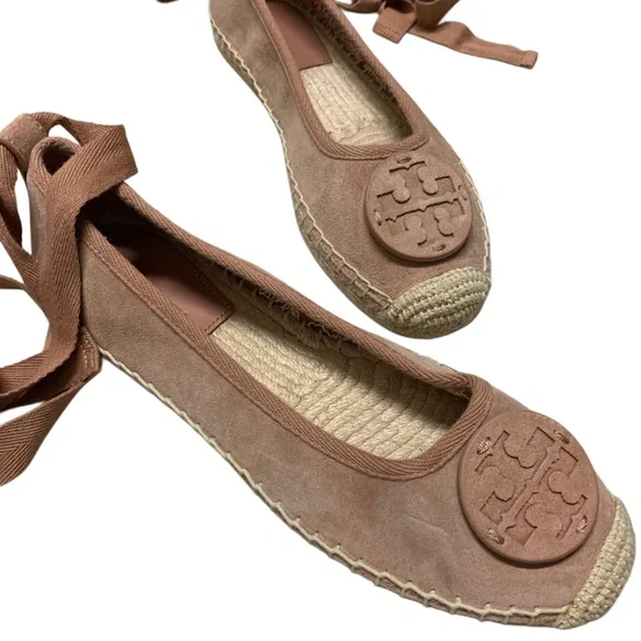 Tory Burch Pink Suede Flats with Ribbon Ties - Picture 2 of 3